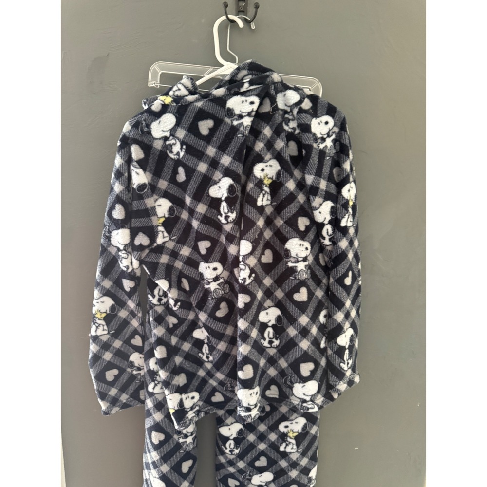 Munki Munki Peanuts Snoopy Fleece Pajama Set XL Black White Plaid Hearts Button - Picture 11 of 11